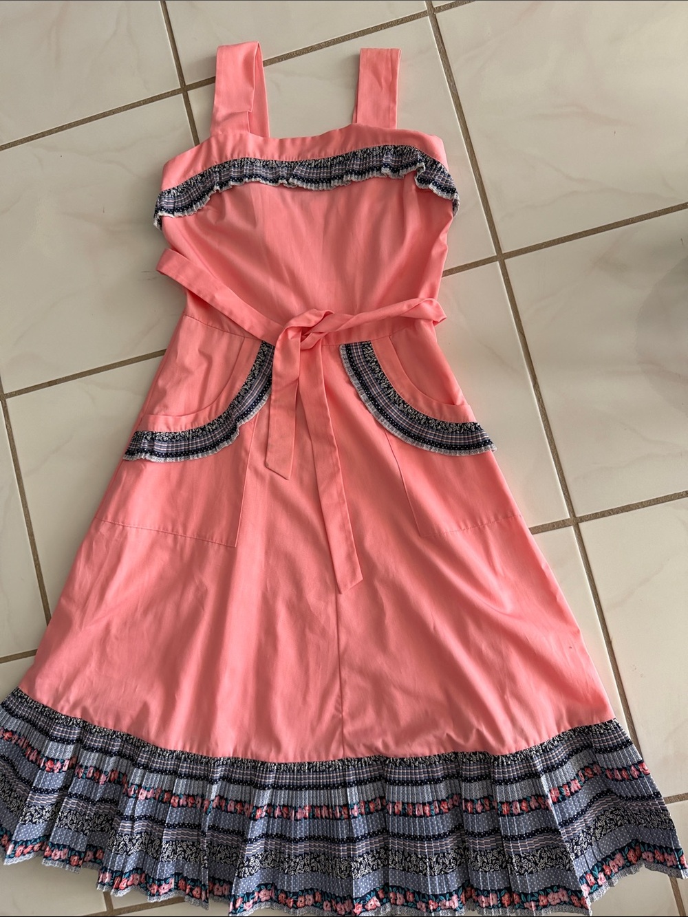 Vintage French Antique Pink Cotton Apron Pinafore Midi Dress Plissé Ruffle EU40
